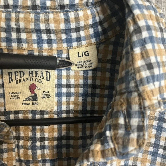 RED HEAD Men's Button Shirt Large Blue/Tan Check Short Sleeve Casual - Picture 4 of 8